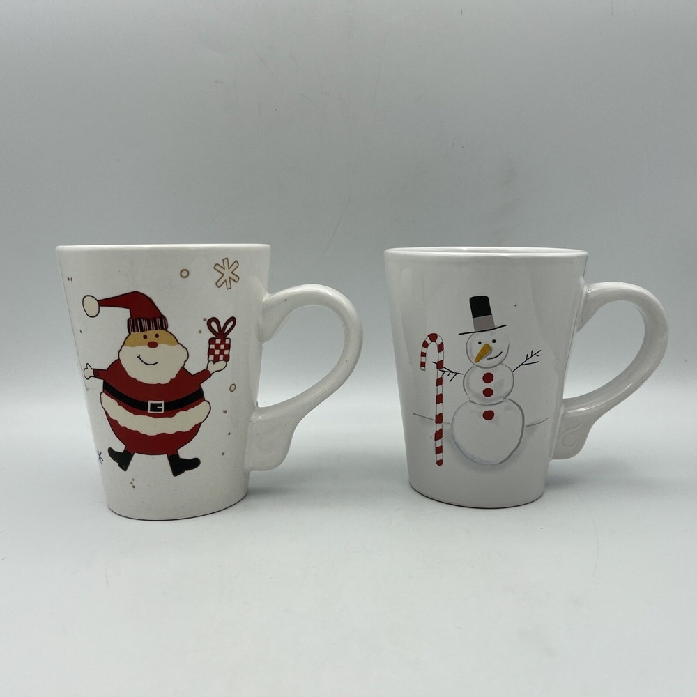 California Pantry Christmas Holiday Mugs Pair Santa‎ Frosty Snowman Candy Cane